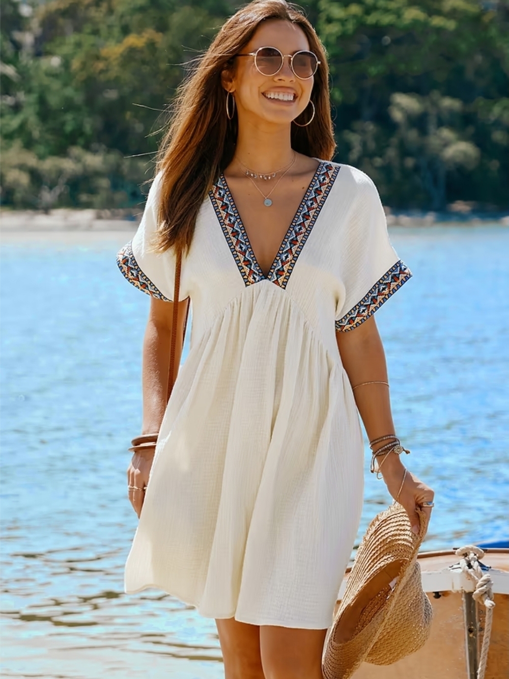 Women's Cream V-Neck Embroidered Beach Cover-Up Dress